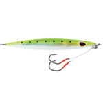 Green and silver fishing lure with treble hook.