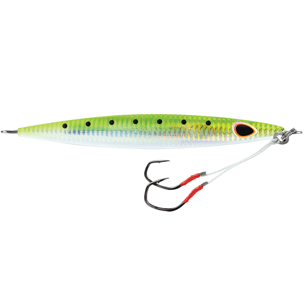 Green and silver fishing lure with treble hook.