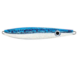 Blue and white fishing lure with eye design.