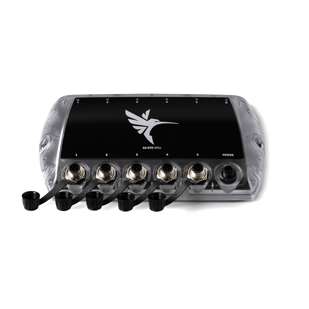 Electronic device with multiple connectors and hummingbird logo.