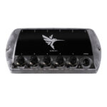 Ethernet switch with bird logo on black surface.
