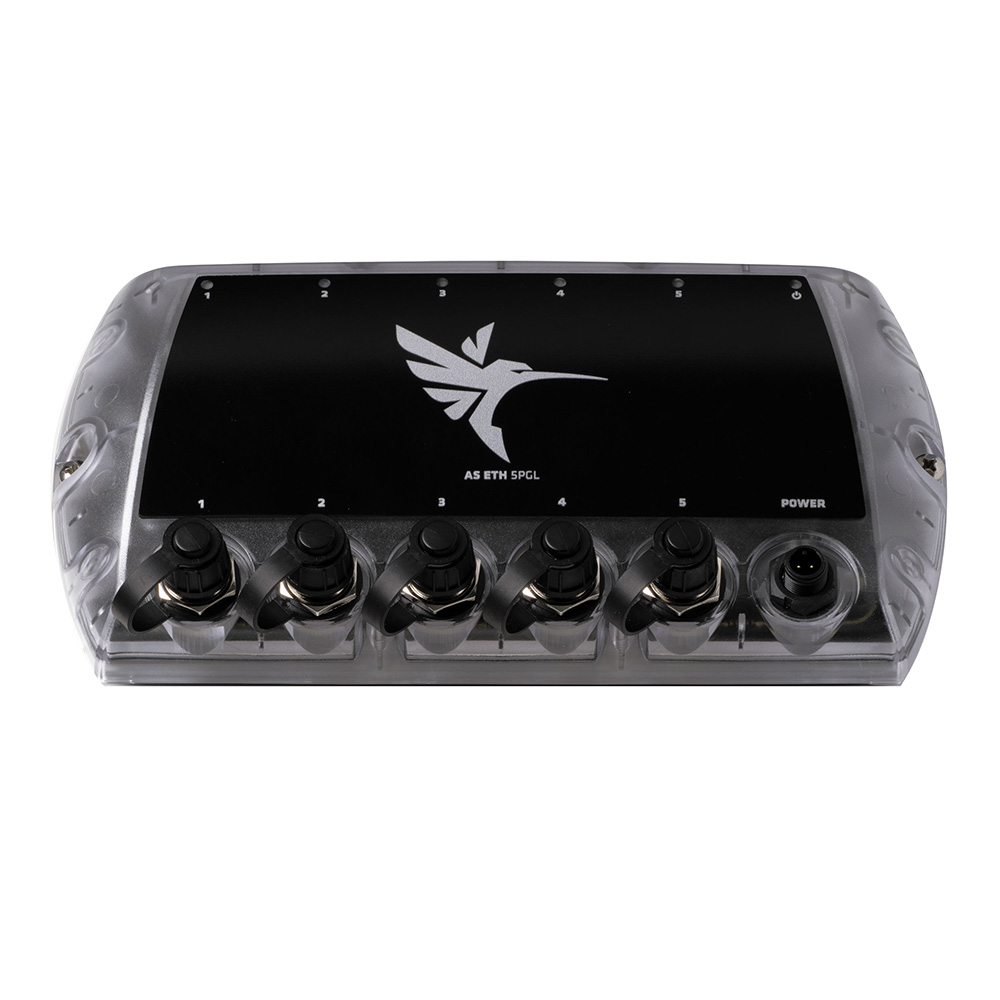 Ethernet switch with bird logo on black surface.