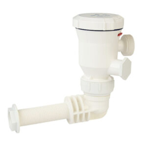 White plumbing fixture with threaded outlets