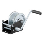 Hand winch with crank handle and gears.