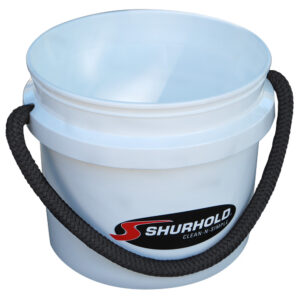 White bucket with black rope handle, Shurhold logo