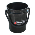 Black bucket with handle and logo.