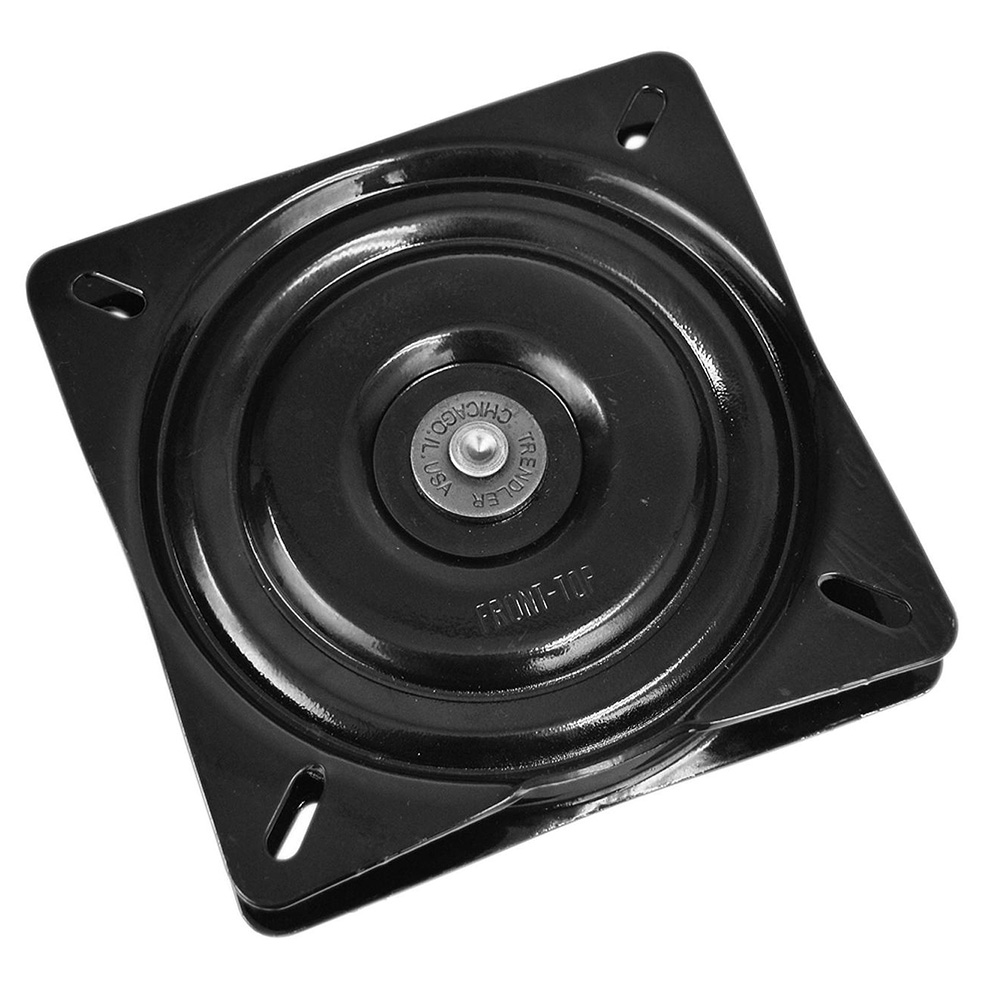 Black circular metal swivel plate for chairs.