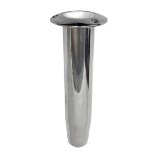 Stainless steel boat rod holder, cylindrical design.
