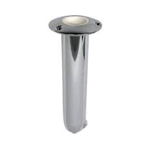 Stainless steel boat rod holder, top view.