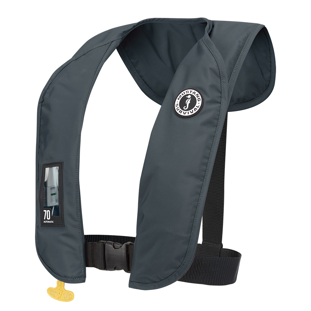 Gray inflatable life vest by Mustang Survival