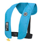 Blue inflatable life jacket with Mustang Survival logo.