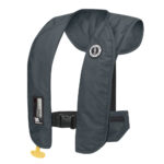 Inflatable life jacket with safety whistle attachment.