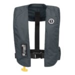 Dark gray inflatable life jacket with buckle strap.