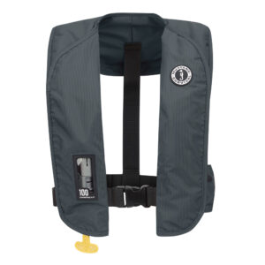 Dark gray inflatable life jacket with buckle strap.