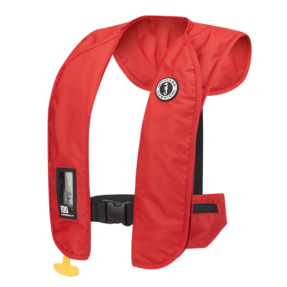 Red inflatable life jacket with label