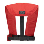 Red Mustang Survival life jacket with black straps.
