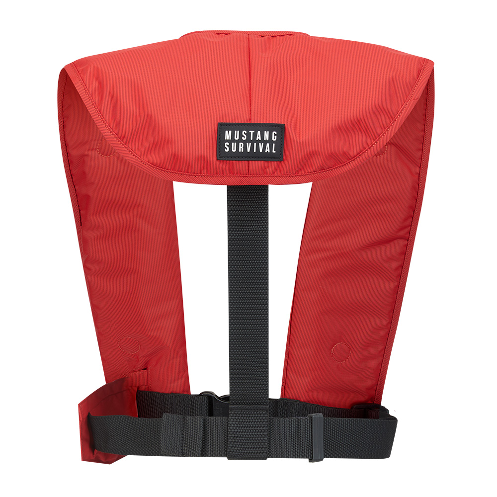 Red Mustang Survival life jacket with black straps.