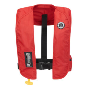 Red inflatable life jacket with safety buckle.
