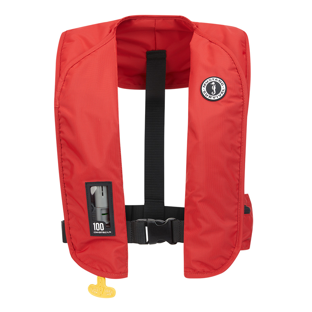 Red inflatable life jacket with safety buckle.