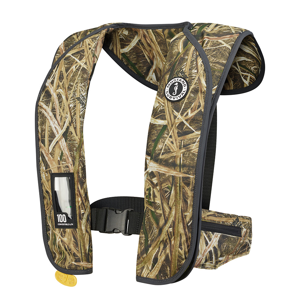 Camo inflatable life vest with buckle closure.