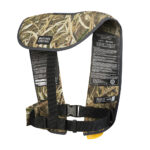 Camouflage life jacket with safety instructions.