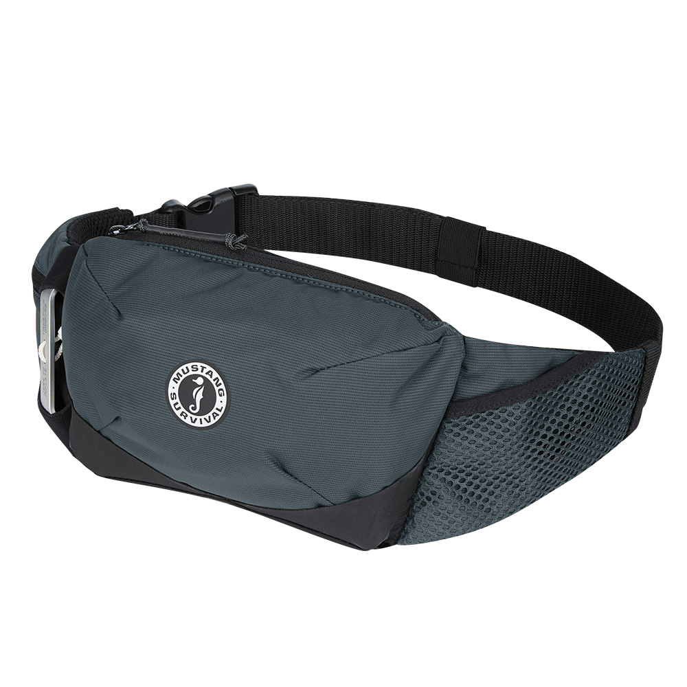 Gray fanny pack with black strap and mesh pocket