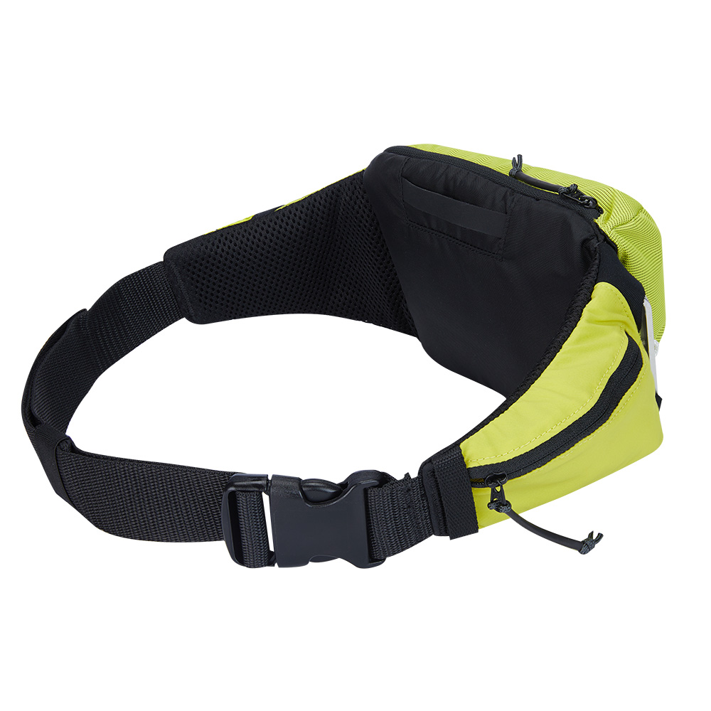Black and green waist bag with buckle.