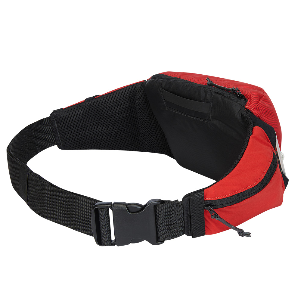 Red and black waist bag with zipper and buckle.