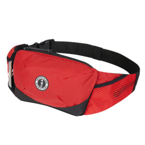 Red waist pack with black belt buckle.