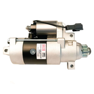 Silver automotive starter motor isolated on white background.
