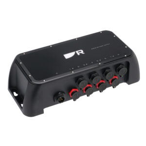 Black marine network switch with multiple ports.