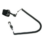 Black coiled safety wrist lanyard with clip.