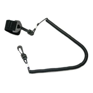 Black coiled safety wrist lanyard with clip.