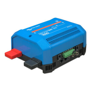 Blue electrical device with connectors and vents.