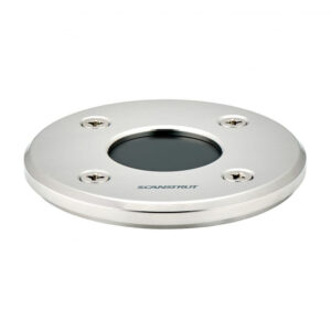 Circular stainless steel deck fitting with screws.