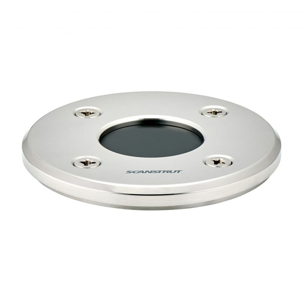 Circular stainless steel deck fitting with screws.