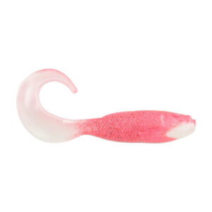 Pink curly tail fishing lure.