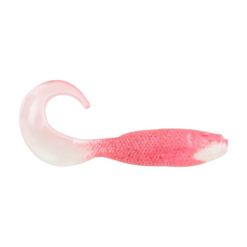 Pink curly tail fishing lure.