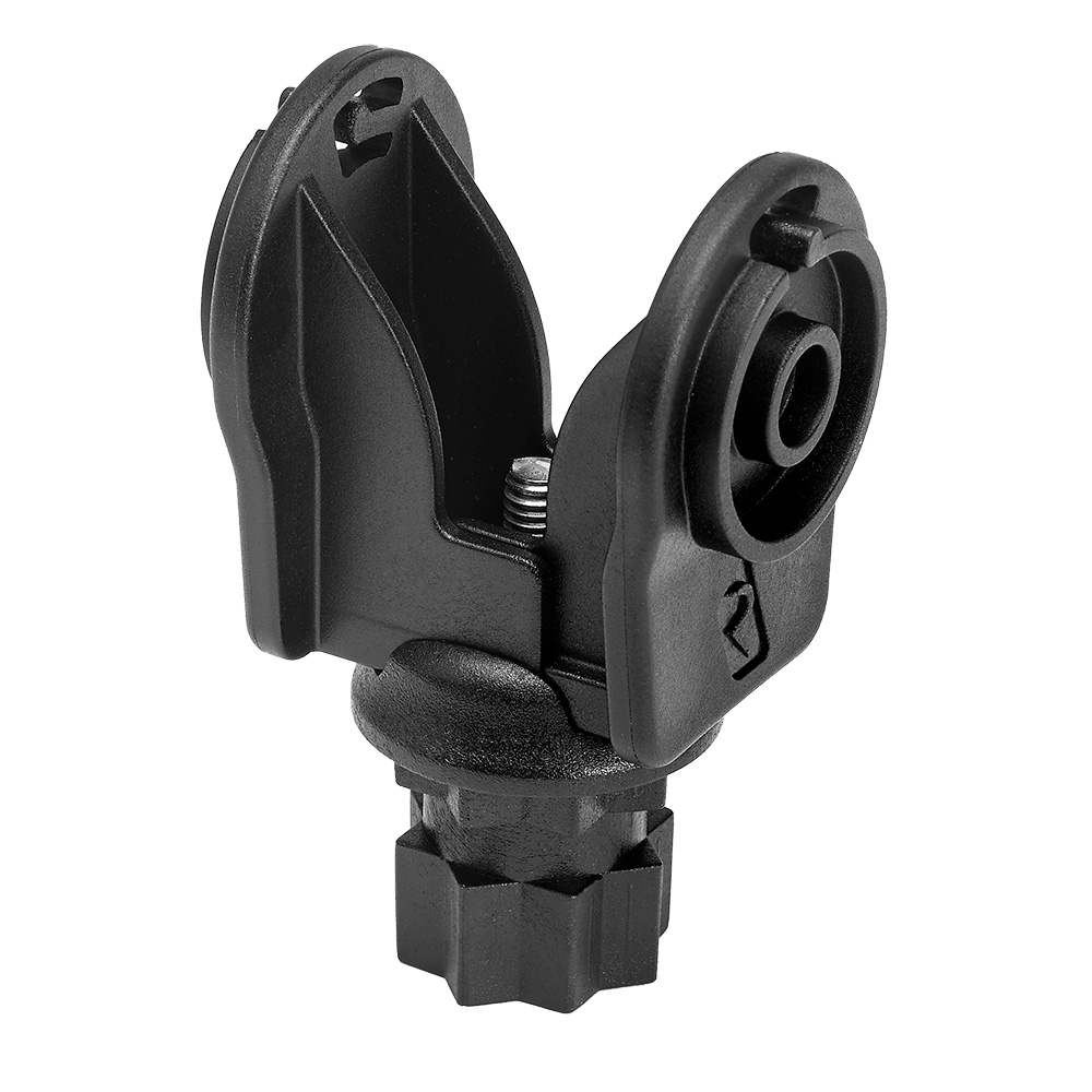 Black plastic adjustable fitting for industrial use.