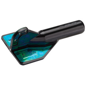 Iridescent green guitar pickguard with black mounting bracket.
