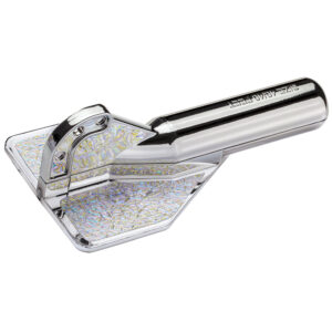 Metallic pizza cutter with holographic design