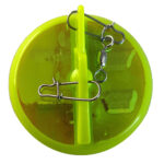 Green round fishing tool with metal clips.