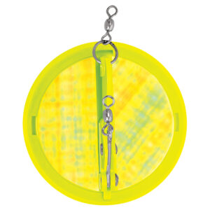 Yellow fishing flasher with metal clips and swivels.