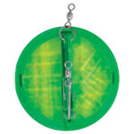 Green fishing lure with metal connectors.