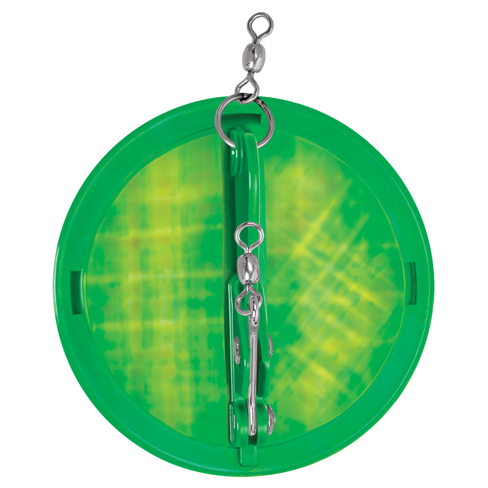 Green fishing lure with metal connectors.