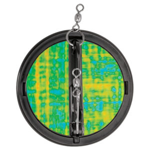 Colorful fishing lure with reflective surface.