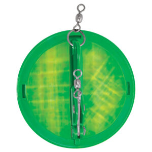 Green circular fishing tackle accessory with swivels.