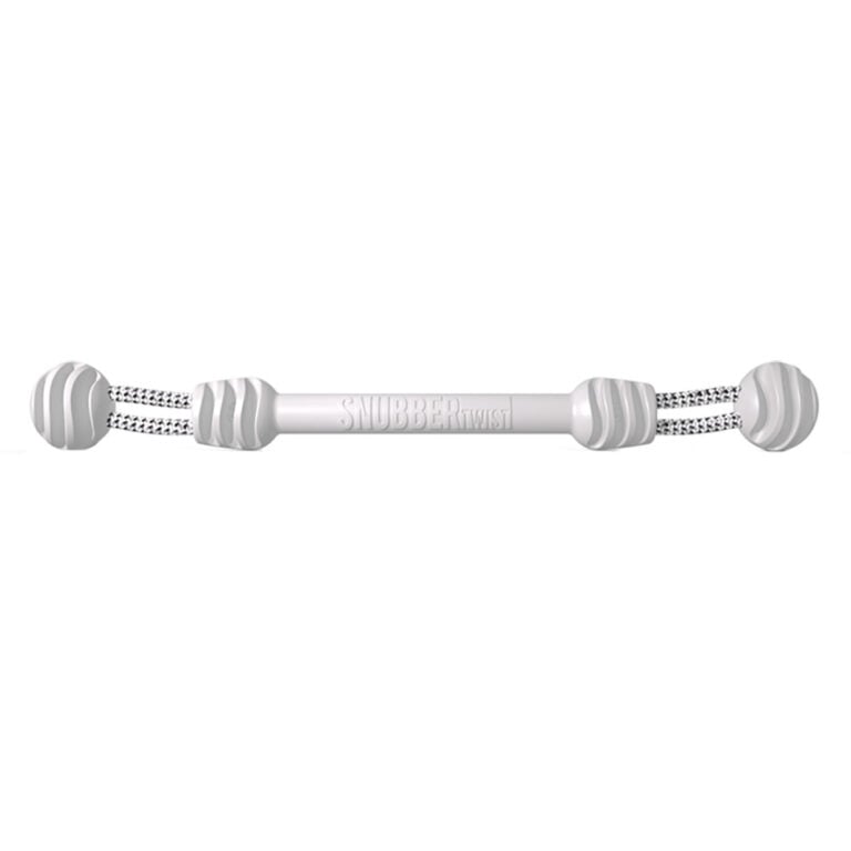 White swing arm exercise tool with ball ends.