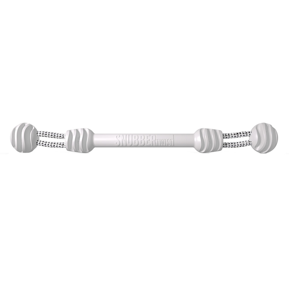 White swing arm exercise tool with ball ends.
