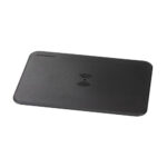 Black wireless charging pad with logo.